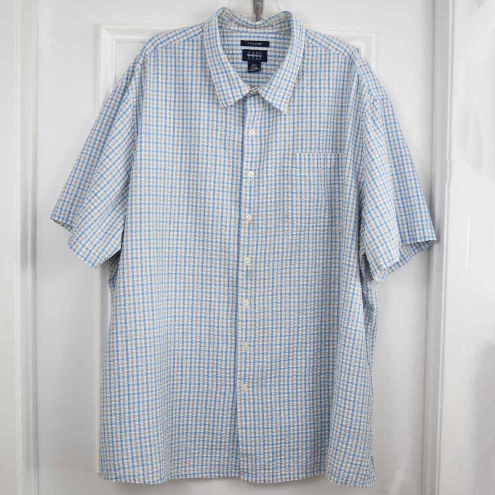 Harbor Bay Shirt Men 4XL Seersucker Gingham Plaid Button Up Short Sleeve Slub